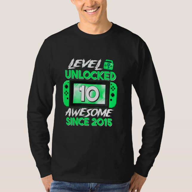 10th Birthday Boy Level 10 Unlocked Awesome 2015 V T-Shirt (Front)