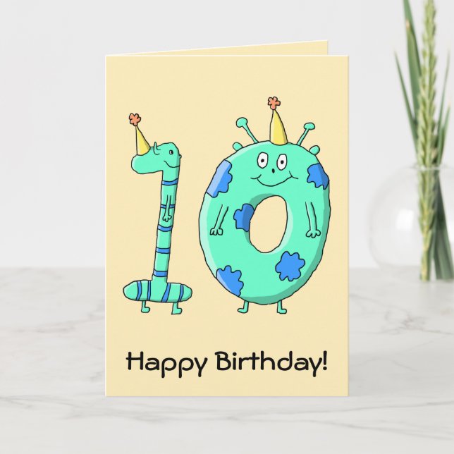 10th Birthday Cartoon, Teal Green and Blue. Card (Front)