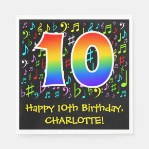 10th Birthday - Colorful Music Symbols, Rainbow 10 Napkin