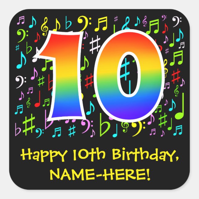 10th Birthday: Colourful Music Symbols, Rainbow 10 Square Sticker (Front)