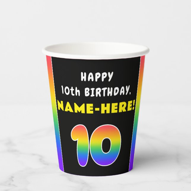 10th Birthday: Colourful Rainbow # 10, Custom Name Paper Cups (Back)