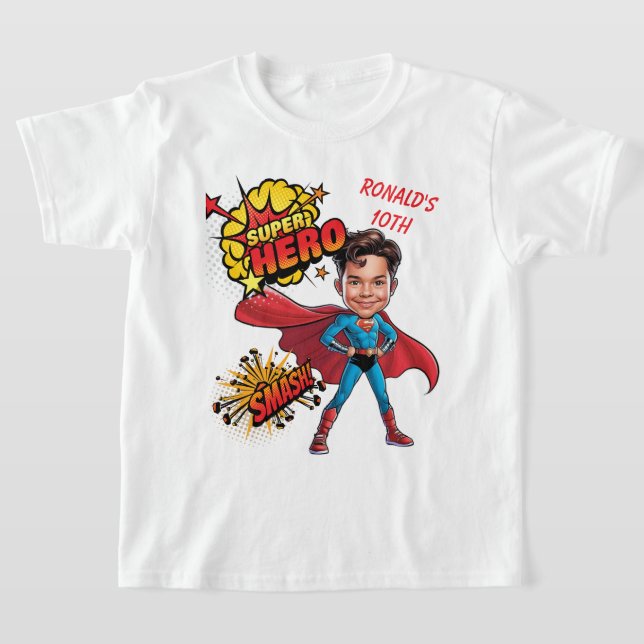 10th Birthday Custom Superhero caricature T-Shirt (Laydown)