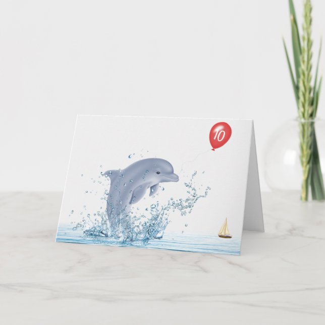10th Birthday Dolphin With Red Balloon Card (Front)