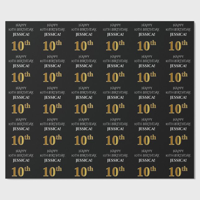 10th Birthday: Elegant, Black, Faux Gold Look Wrapping Paper (Flat)