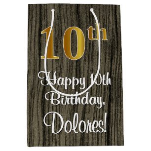 10th Birthday: Elegant Faux Gold Look #, Faux Wood Medium Gift Bag