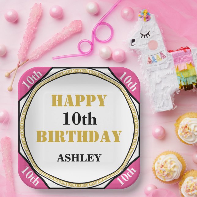 10th Birthday Elegant Pink Gold Paper Plate (Party)