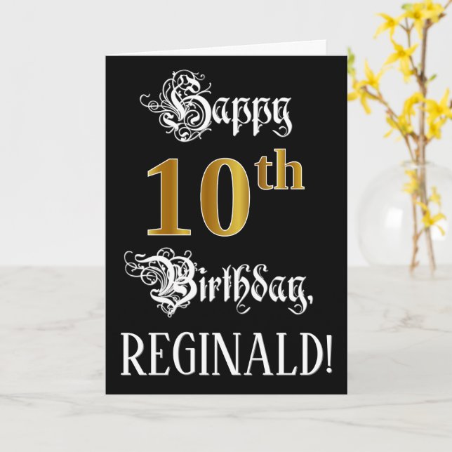 10th Birthday — Fancy Script; Faux Gold Look; Name Card (Yellow Flower)