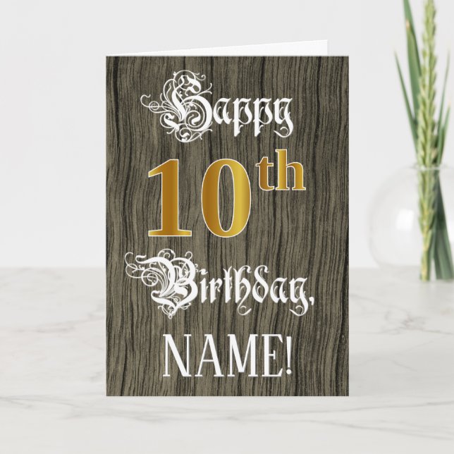 10th Birthday: Faux Gold Look + Faux Wood Pattern Card (Front)