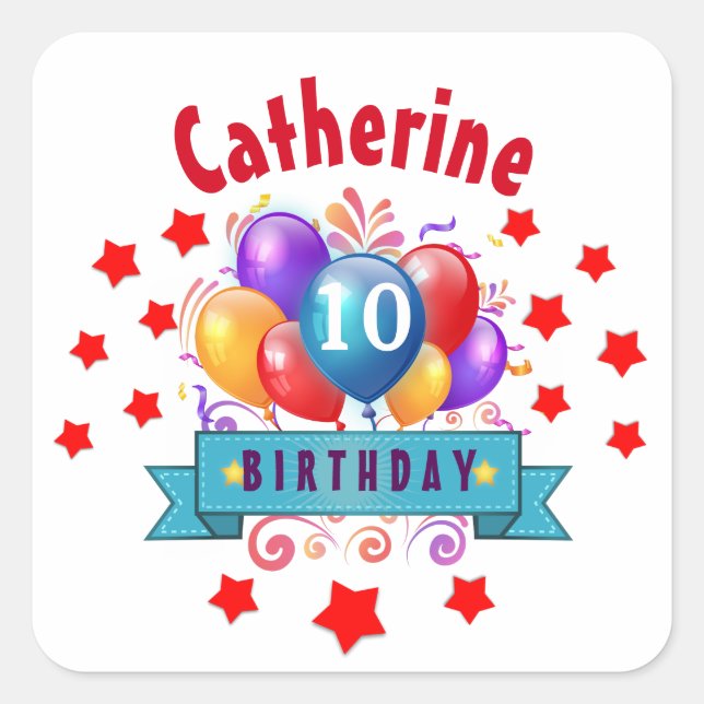 10th Birthday Festive Colourful Balloons V10F Square Sticker (Front)