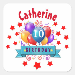 10th Birthday Festive Colourful Balloons V10F Square Sticker