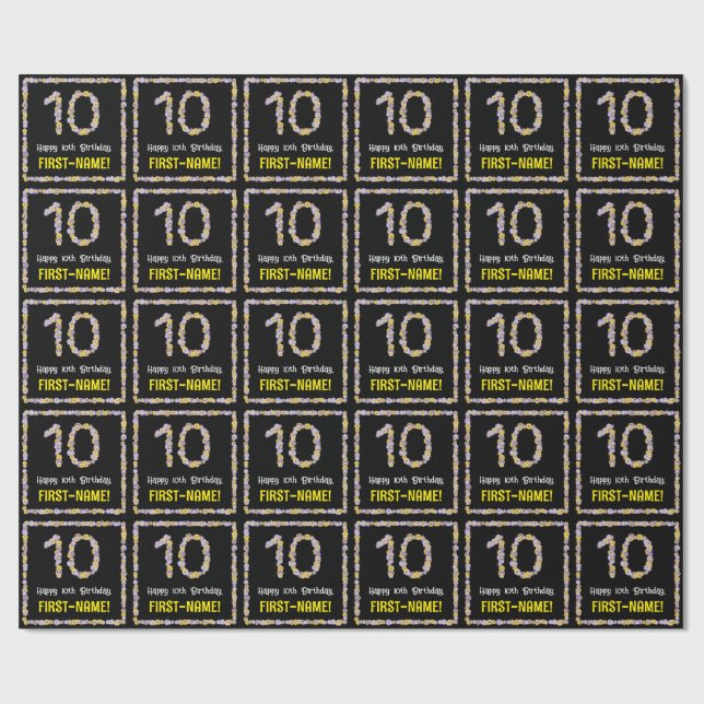 10th Birthday: Floral Flowers Number, Custom Name Wrapping Paper (Flat)