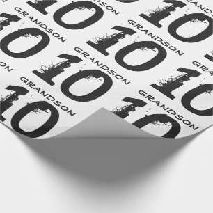 10th Birthday for a grandson, black text on white. Wrapping Paper
