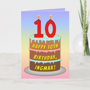 10th Birthday — Fun Cake & Candles, w/ Custom Name Card