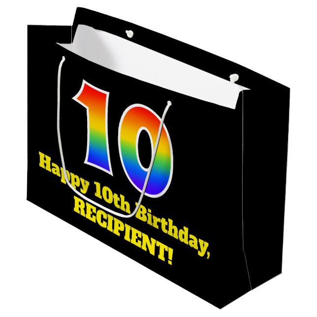 10th Birthday ~ Fun, Colourful, Vibrant, Rainbow 1 Large Gift Bag (Front Angled)