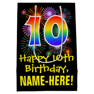 10th Birthday: Fun Fireworks Pattern + Rainbow 10 Medium Gift Bag