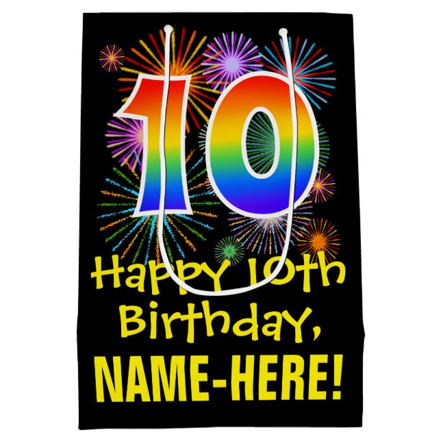 10th Birthday: Fun Fireworks Pattern + Rainbow 10 Medium Gift Bag (Back)