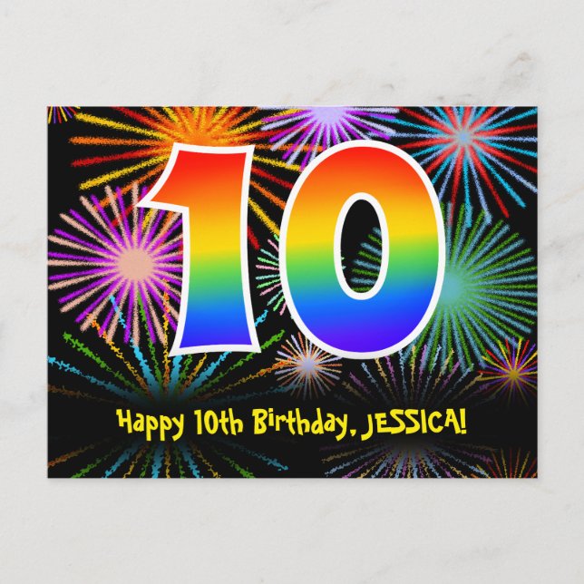 10th Birthday – Fun Fireworks Pattern + Rainbow 10 Postcard (Front)