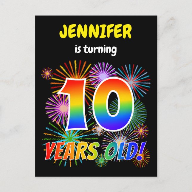 10th Birthday - Fun Fireworks, Rainbow Look "10" Postcard (Front)