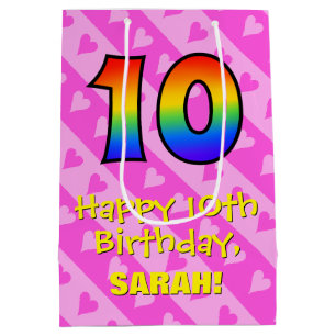 10th Birthday: Fun Pink Hearts Stripes; Rainbow 10 Medium Gift Bag