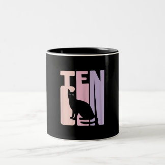 10th Birthday Gift | Cute Cat Fan 10 Years old Two-Tone Coffee Mug