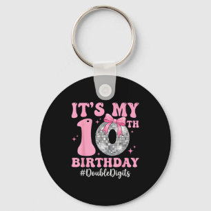10th birthday girl double digits bow disco ball10t keychain
