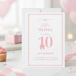 10th Birthday Girl Pink Bow Invitation