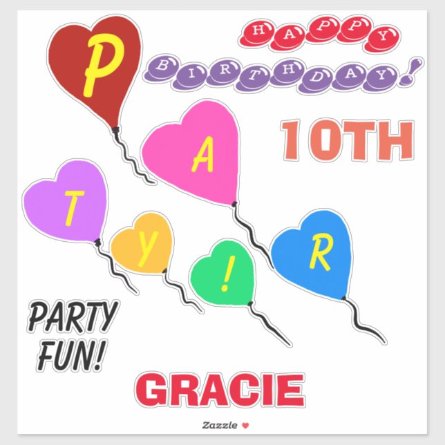 10th Birthday Heart Balloons Personalized Vinyl (Sheet)