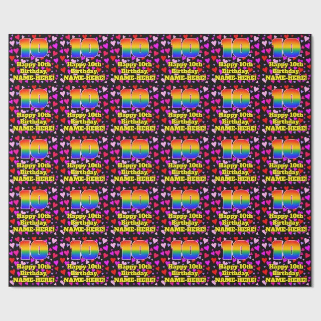 10th Birthday: Loving Hearts Pattern, Rainbow # 10 Wrapping Paper (Flat)