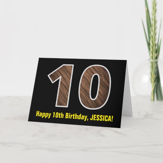 10th Birthday: Name + Faux Wood Grain Pattern "10" Card (Front)