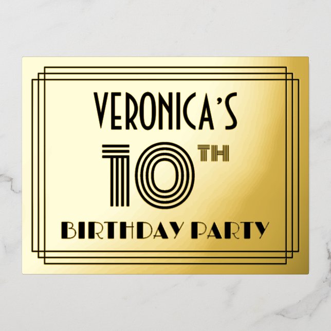 10th Birthday Party ~ Art Deco Style “10” + Name Foil Invitation Postcard (Front)