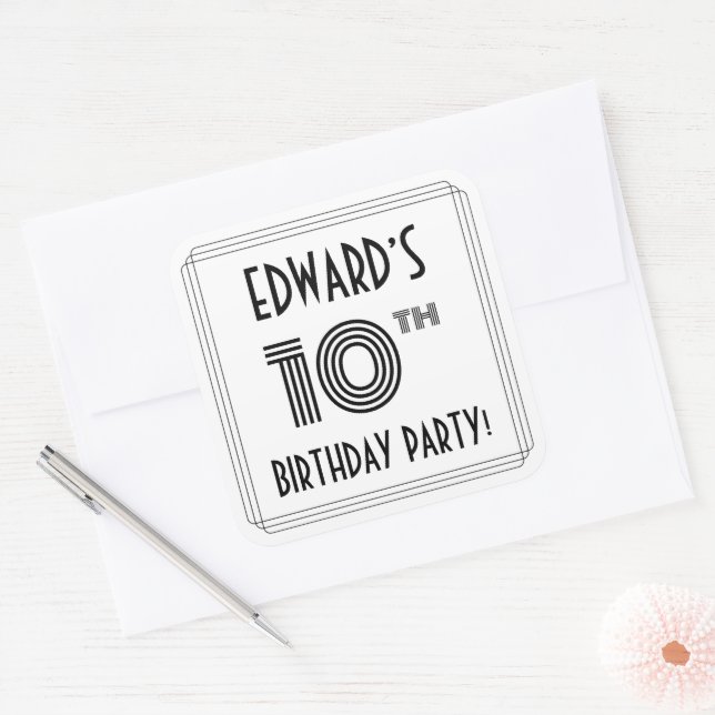 10th Birthday Party: Art Deco Style + Custom Name Square Sticker (Envelope)