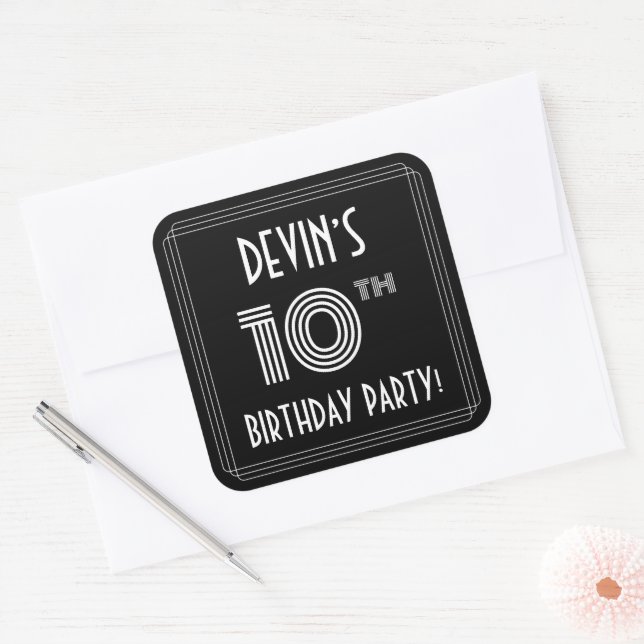 10th Birthday Party: Art Deco Style & Custom Name Square Sticker (Envelope)