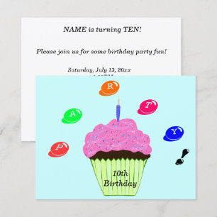 10th Birthday Party Candy Bits Cupcake Invitation