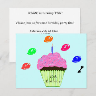 10th Birthday Party Candy Bits Cupcake Invitation