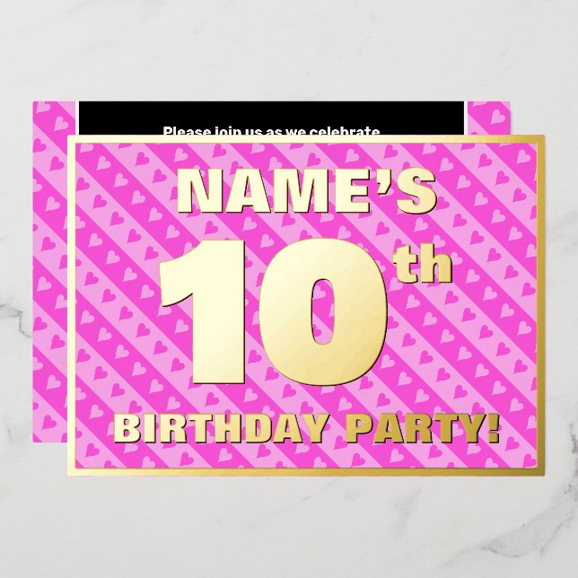 10th Birthday Party — Fun Pink Hearts and Stripes (Front/Back)