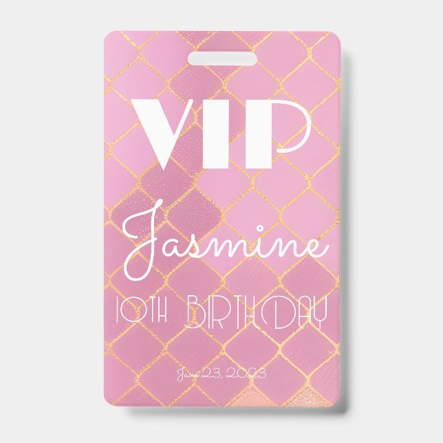 10th Birthday Party Girl Gold Pink Glitter Pattern Badge (Front)