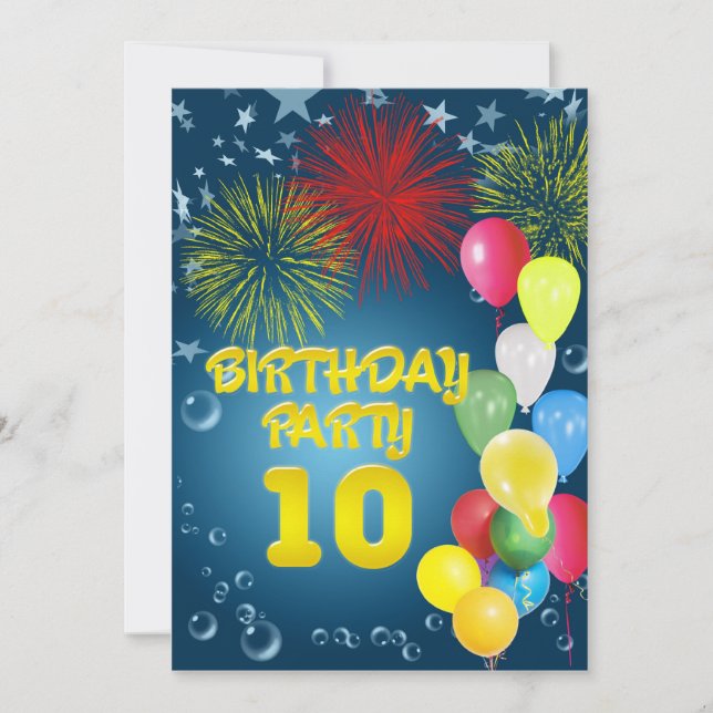 10th Birthday party Invitation with balloons (Front)