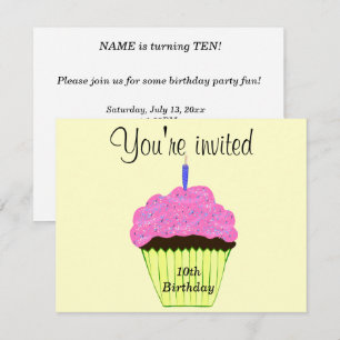 10th Birthday Party Pink Cupcake - Customize Invitation