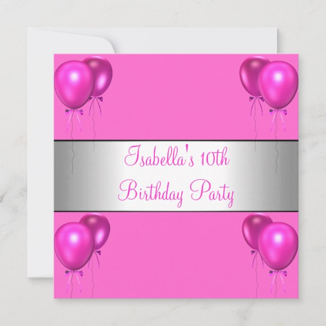 10th Birthday Party Pretty in Pink Bright Balloons Invitation (Front)