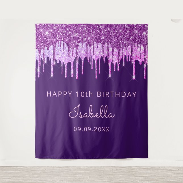 10th Birthday party purple pink glitter drip girl Tapestry (Front)