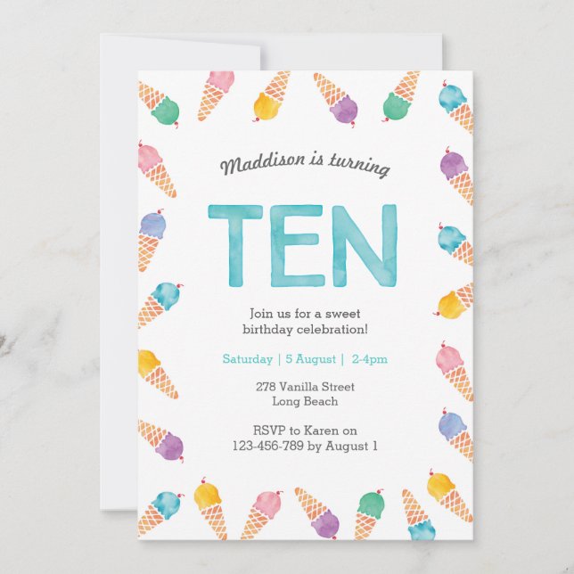 10th Birthday Party | Rainbow Ice cream invitation (Front)