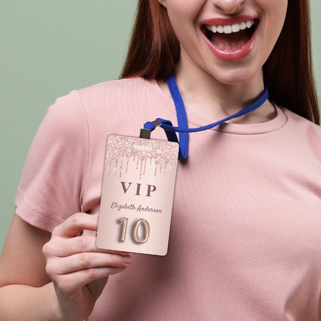 10th birthday party rose gold glitter pink vip badge (Creator Uploaded)