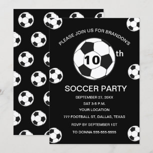 10th Birthday Party Soccer Black Boys Sports Invitation