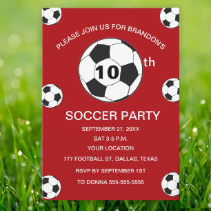 10th Birthday Party Soccer Red Boys Sports Invitation