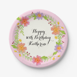 10th Birthday Party Watercolor Modern Floral Paper Plate