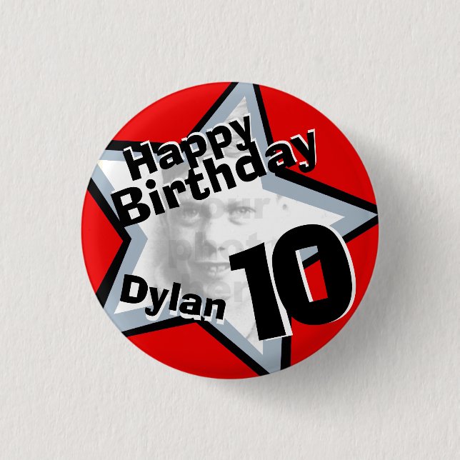 10th Birthday photo Boys red grey button/badge 1 Inch Round Button (Front)