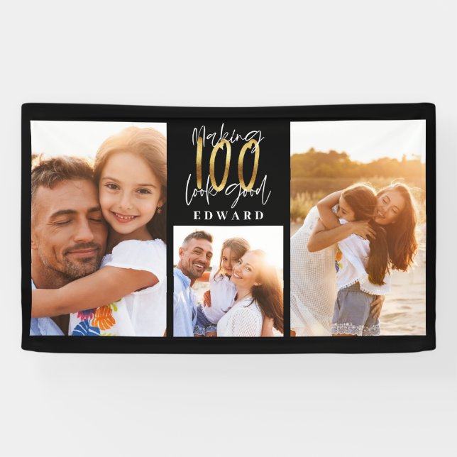10th birthday photo collage black gold typography  banner (Horizontal)