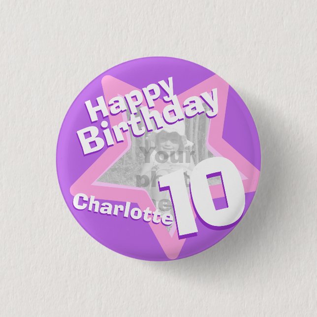 10th Birthday photo fun purple pink button badge (Front)