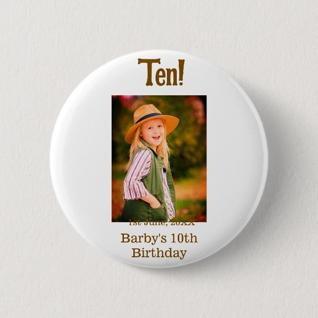 10th birthday photo name date simple brown beige b 2 inch round button (Front)