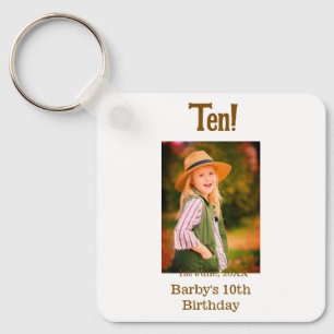 10th birthday photo name date simple brown beige b keychain